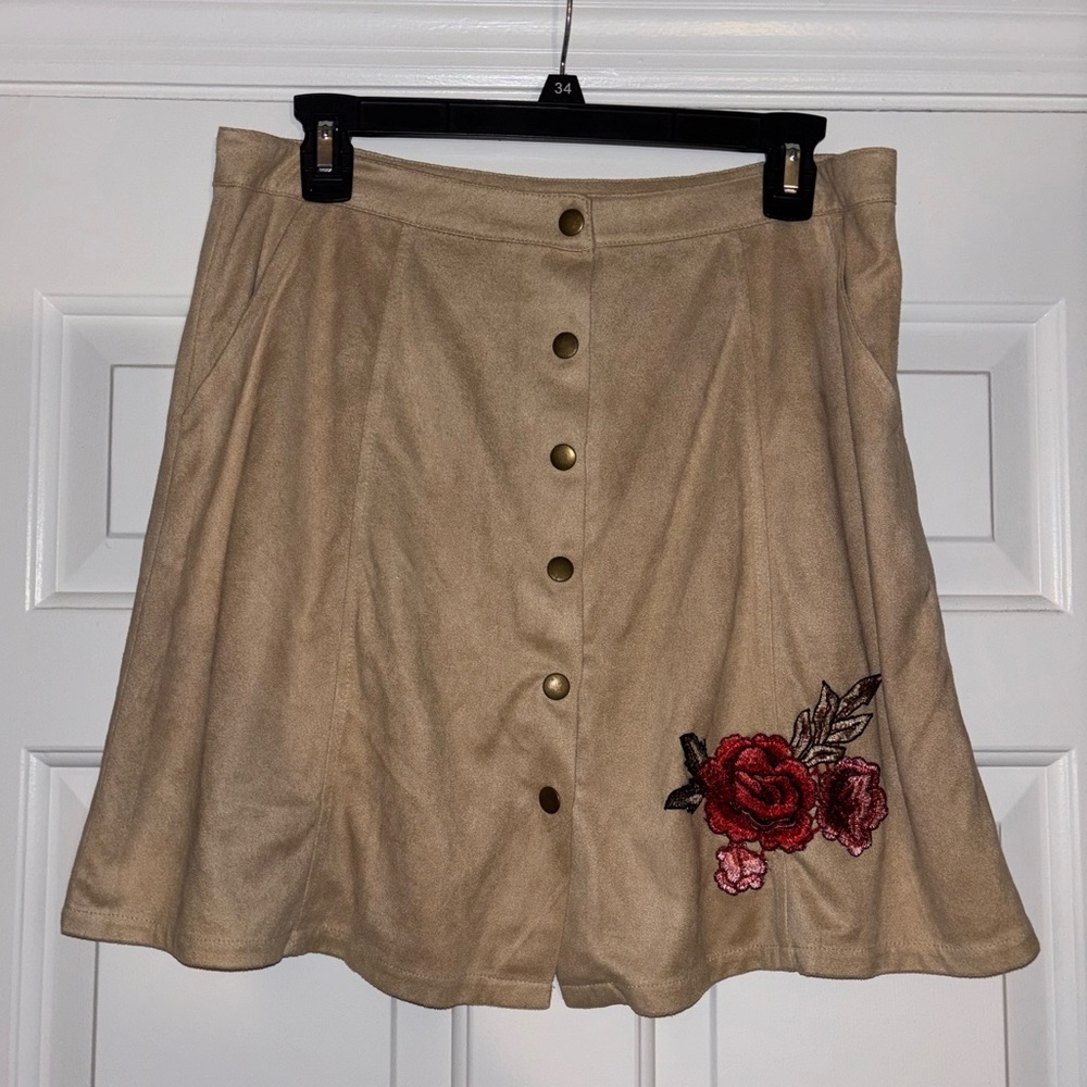 Embroidered Suede Button Up Skirt
